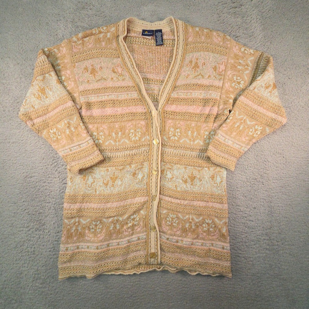 VTG Lizsport Cardigan Womens L Pastel Metallic Fair Isle Longline Grandmacore